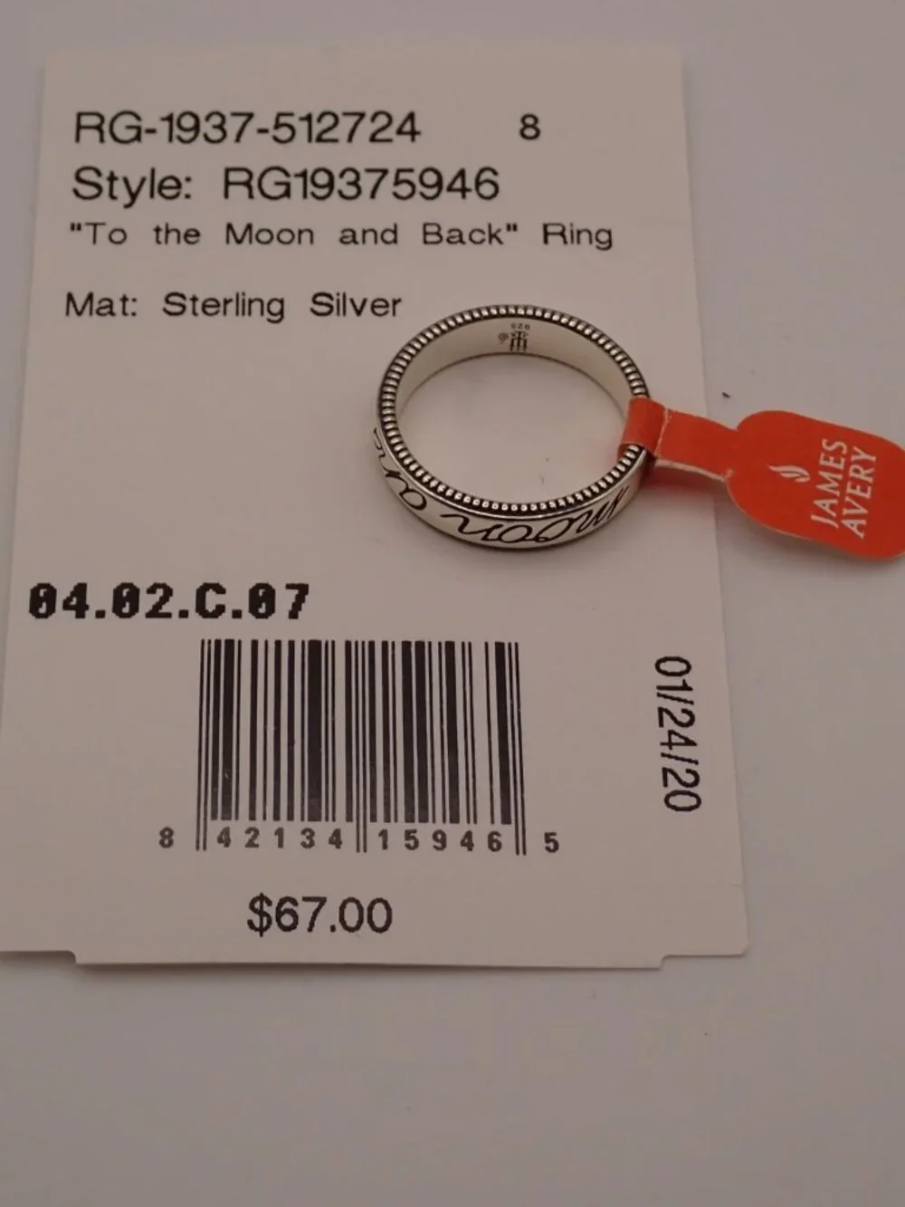 NEW James Avery To The Moon And Back Ring Script Heart Sterling Silver Size 8 - Picture 3 of 3